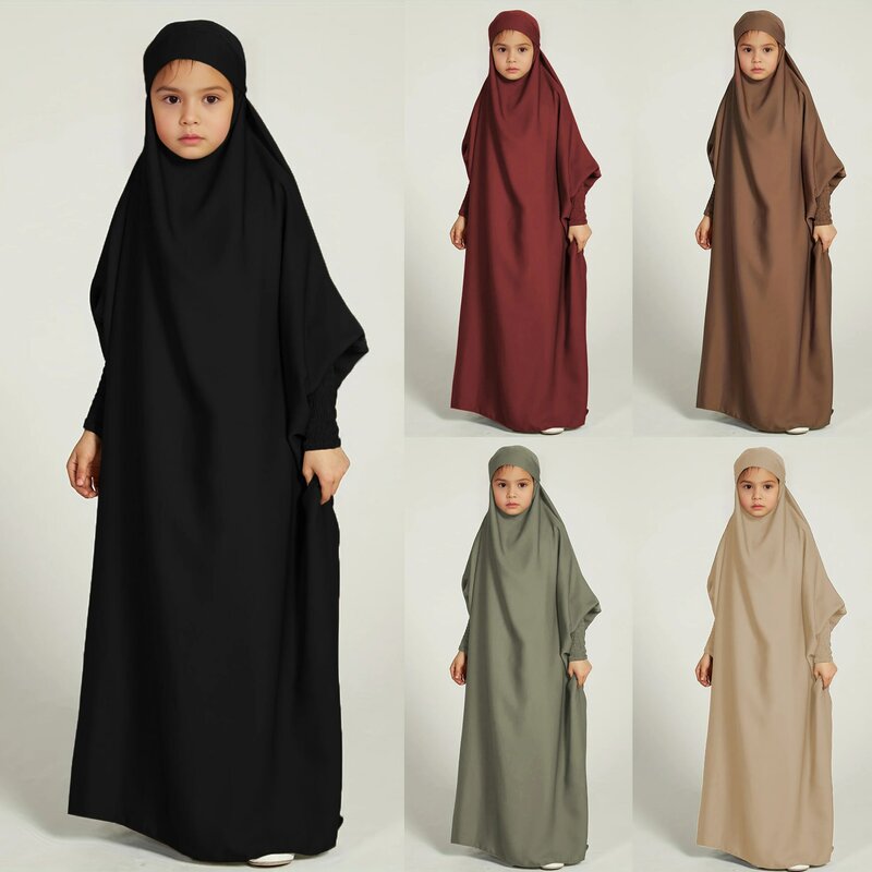 Vestido abaya muçulmano para crianças, vestido longo, cor sólida, kaftan, para o ramadã, presente para crianças