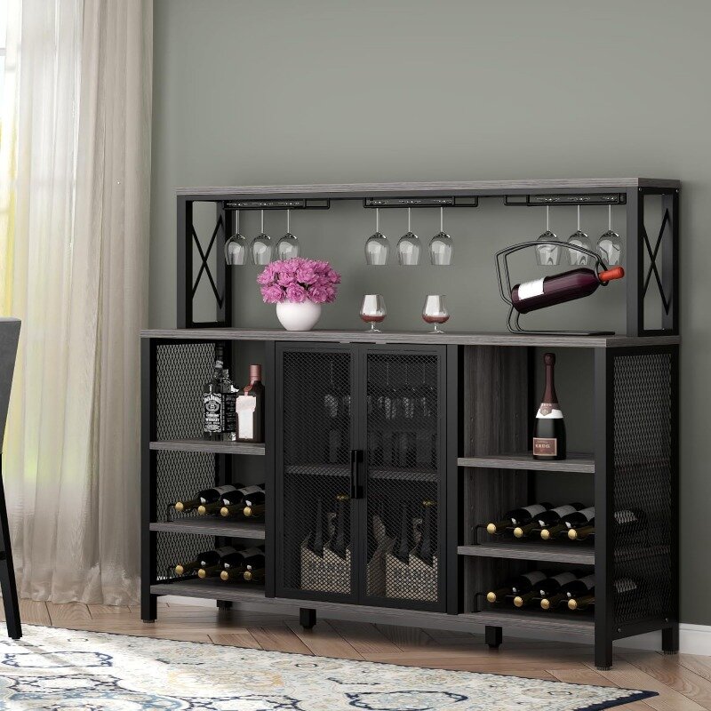 Kabinet Bar anggur, Kabinet Bar kopi industri 55 inci dengan rak anggur dan pemegang kaca, kabinet prasmanan papan samping dapur