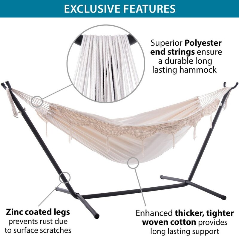 Vivere Double Hammock with Space Saving Steel Stand, Natural (450 lb Capacity - Premium Carry Bag Included)