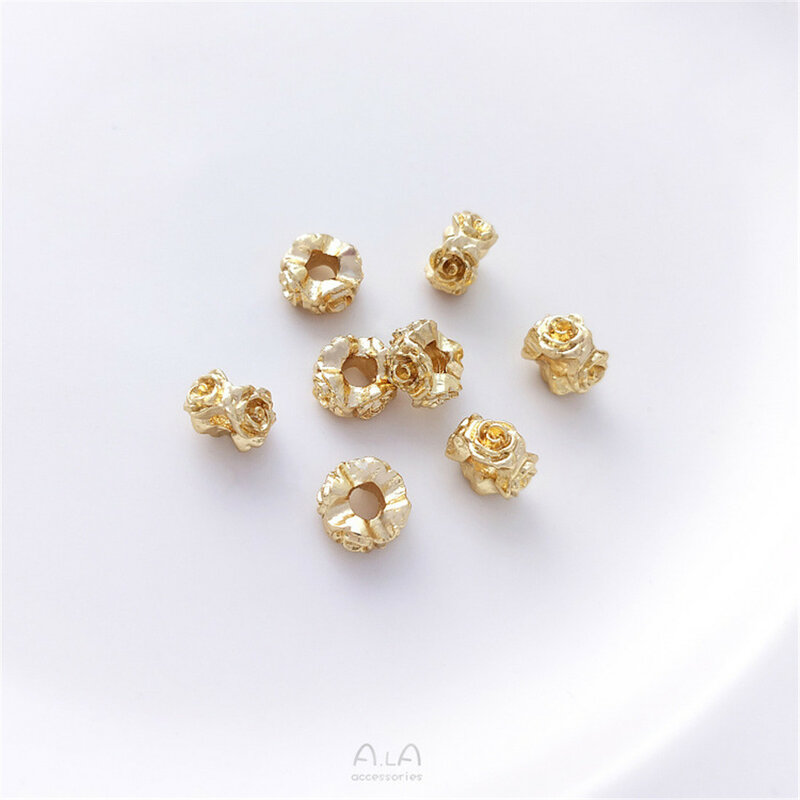 Guirnalda de rosas rellenas de oro de 14K, cuentas en forma de flor de agujero grande, pulsera de perlas enhebradas a mano, collar, accesorios de joyería DIY C313