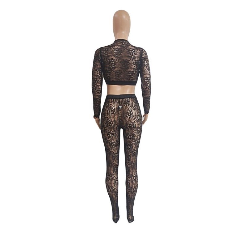 Women Sexy Sheer Lace 2 Piece Set V-neck Long Sleeve Crop Tops Elastic High Waist Footed Leggings Clubwear Suits Wholesalee