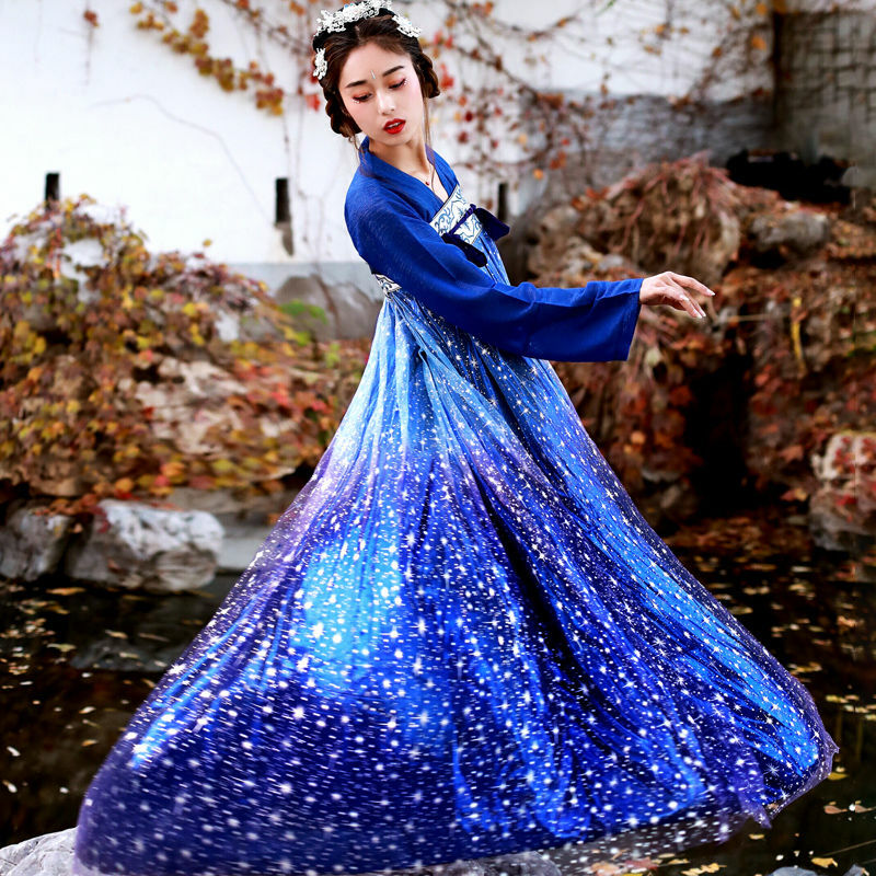 ชุดกระโปรงยาวถึงหน้าอกสำหรับผู้หญิง Rhyme Hanfu ชุดกระโปรงยาว6เมตรแบบค่อยเป็นค่อยไปดั้งเดิม