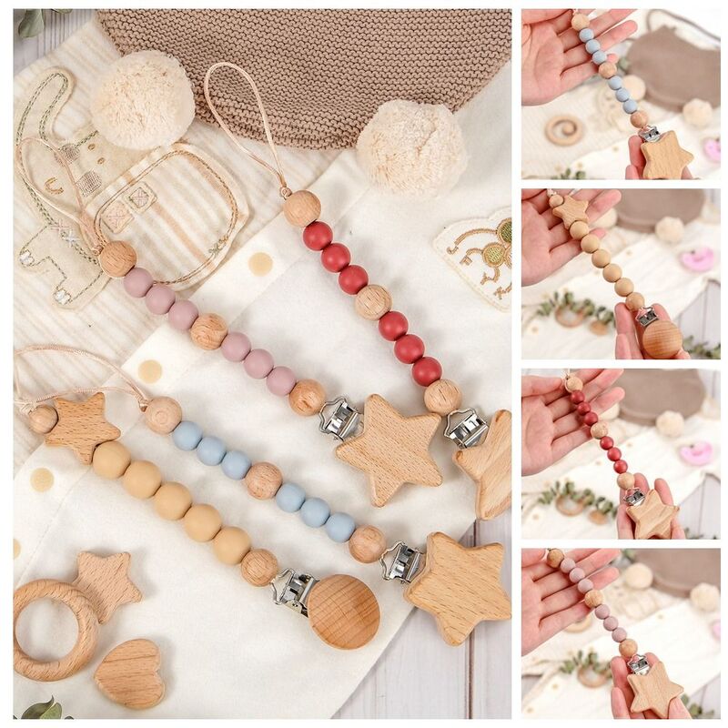 Dummy Clips Pacifier Holder Clips Wood Soother Holder Baby Pacifier Chain Nipple Holder Clips Star Baby Teether Toys Straps