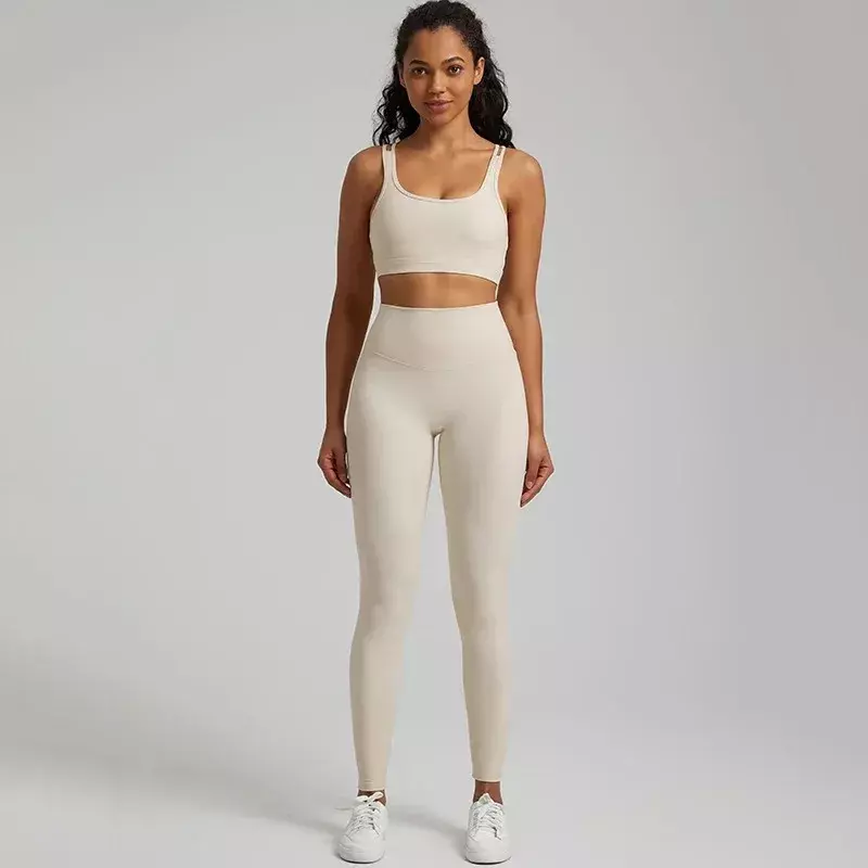 Lemon Gym Fitness Yoga Set Legging Back Cross Sport Bra Top 2pc Suit Comprehensive Training Jog Womencutout Tie Round Neck