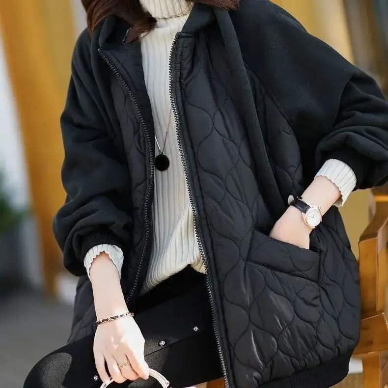 A Women's Down Cotton Jacket Loose Female Warm Loose Hooded Thicken Casual Removable Outerwear Parka