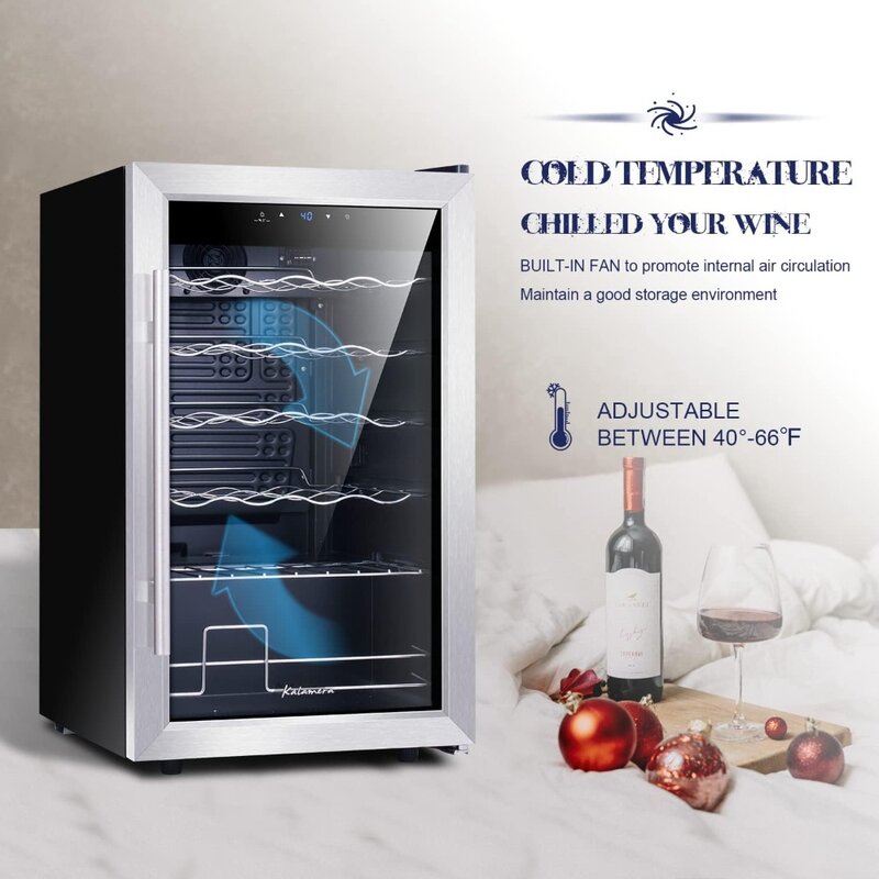 Mini réfrigérateur à vin autoportant, refroidisseur de vin, compresseur de 24 bouteilles, zone unique avec porte en verre en acier inoxydable