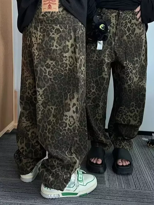 Tan Leopard Jeans Männer Jeans hose männlich übergroße Hose mit weitem Bein Streetwear Hip Hop Vintage Kleidung locker lässig