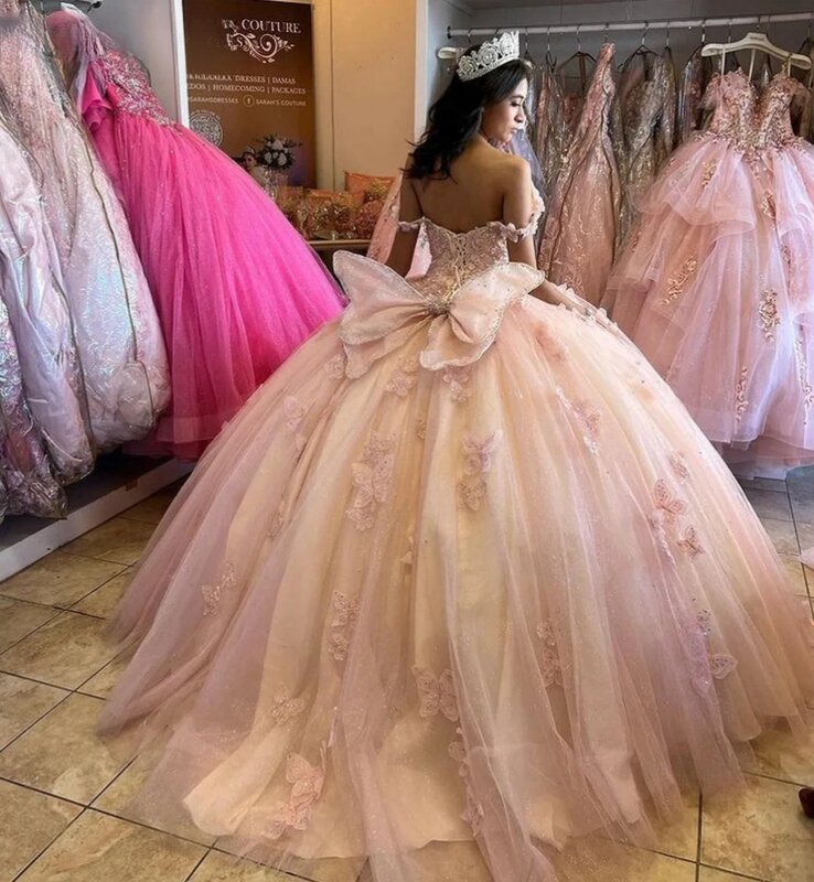 Vestidos de Quinceañera de princesa rosa, vestido de baile con tirantes finos, apliques dulces 16, 15 Años, mexicano