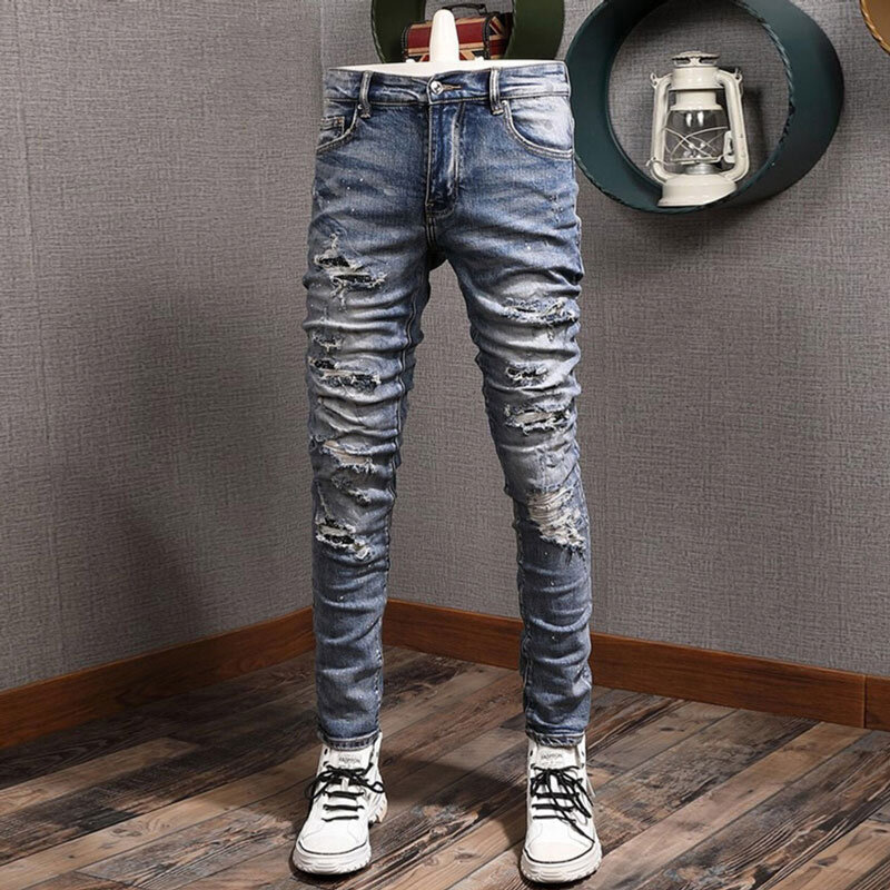 Street modne dżinsy męskie Retro sprany niebieski chudy krój porwane jeansy mężczyzn namalowane połatane designerskie markowe spodnie Hip Hop