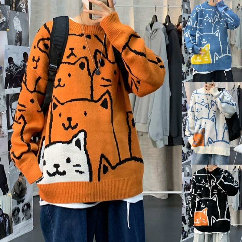 Suéter de manga larga Harajuku para hombre, jersey con estampado de dibujos animados de gato, Top de Hip-Hop, prendas de punto sueltas de gran tamaño, ropa de calle de cuello redondo