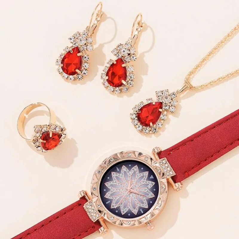 1 Set orologio da donna orecchini collana anello Kit elegante Waterdrop strass cinturino in ecopelle orologio da polso al quarzo regalo gioielli