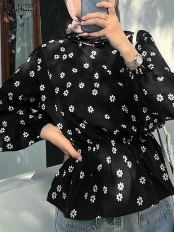 ZANZEA-blusa floral vintage feminina, top boêmio muçulmano, manga comprida, camisa casual elegante, Turquia, Dubai, abaya, outono, 2023
