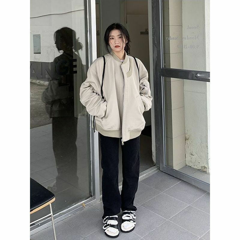 2023 Fashion Bomber Jacket Women Thin Spring Autumn Double Layer Inner Lining Zipper Loose American Cargo Coats Oversized 3XL