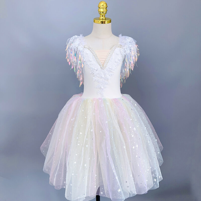 Kids Ballet Long Skirt Romantic Dance Dress Sparkling Rainbow Color Ballet Performance Costumes Sequins Tassel Tutu Dress Girls