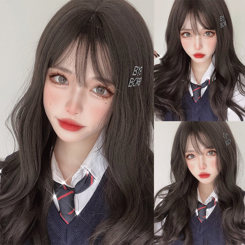 26Inch Black Brown Color Synthetic Wigs With Bang Long Natural Wavy Hair Wig For Women Daily Use Cosplay Party Heat Resistant