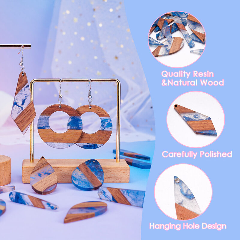 Pandahall 20Pcs Mixed Geometric Transparent Resin Wood Pendants Blue Long Rectangle Teardrop Wooden Charms for Jewelry Making