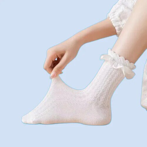 6 Pairs Woman Socks Solid Black White Lolita Lacework Ruffle Socks Summer Thin Kawaii Sweet Girls Cute Short Socks Women