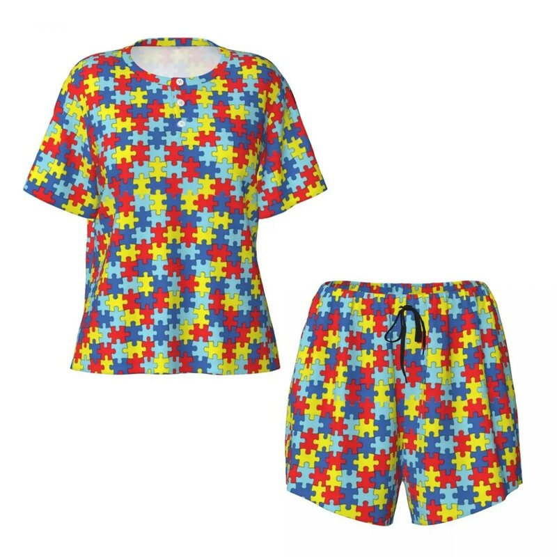 Stampa personalizzata donna Puzzle colorato modello autismo consapevolezza pigiama Set due pezzi Pj Set manica corta pigiameria Loungewear