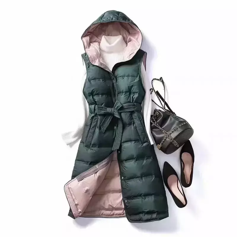여성용 X-롱 후드 민소매 다운 재킷, 화이트 덕 다운 오피스 레이디, 한국 슬림 다운 코트, 최고 등급 90%, 2024 신상
