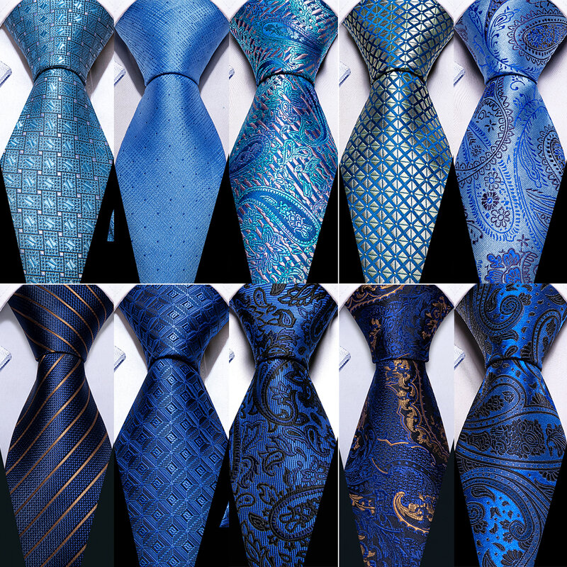 Royal Blue dasi sutra bergaris untuk pria Set cufflink sapu tangan dasi tenun sutra Formal desainer pesta Barry.Wang LS-5