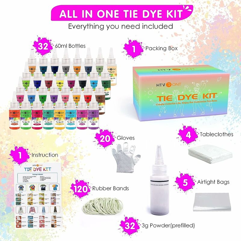 Htvront Tie Dye Powder Kit para Crianças e Adultos, Pigmento Adequado para Festa de Verão, Grandes Grupos Suprimentos Artesanais, 26 Cores, 32 Cores, 60ml