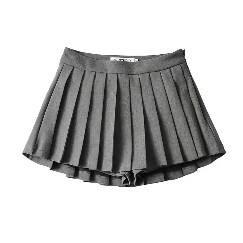 Grey Wide Pleated Mini Skirts Shorts OOTD High Street American Retro Solid Vintage Blogger Sexy Woman White Basic Bottom Quality