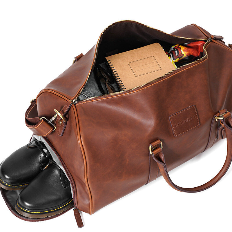 High Quality PU Leather Travel Bag Men Large Capacity Handbag Retro Luggage Bag With Shoe Pocket Male Casual Duffle Bag