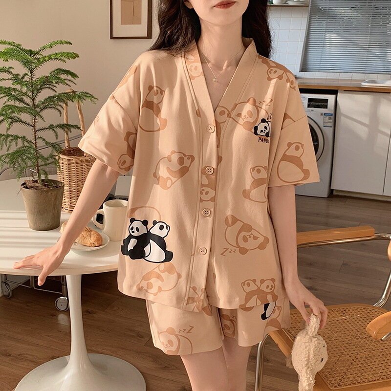 Pijama de algodão estampado feminino com sutiã no peito, moda coreana, pijamas, roupa doméstica com decote em v, menina jovem, 2 peças
