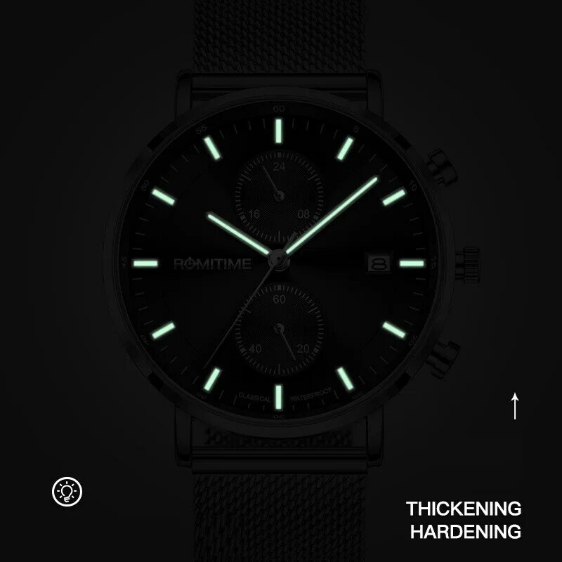 ROMITIME Wielofunkcyjne zegarki dla mężczyzn Ultracienki, świecący wodoodporny męski zegarek Automatyczny, mechaniczny styl Luksusowy zegarek kwarcowy