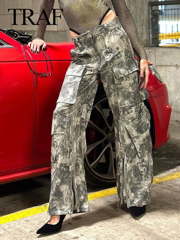 TRAF-pantalones Cargo informales de cintura alta para mujer, peto largo con estampado gris con bolsillo, moda Vintage, Otoño, nuevo