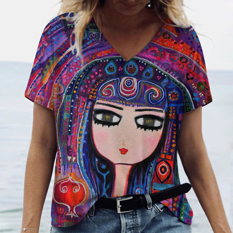 Camisetas 3D abstratas femininas, Harajuku, desenhos animados coloridos, decote em v, camiseta de manga curta, tops grandes, roupas da moda verão