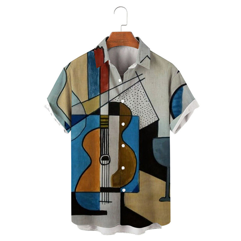 HXFashion 색소폰 아트 그래피티 스플라이싱 캐주얼 셔츠, 3D 그래픽 비치 셔츠, 스트리트웨어, 로파 옴브레, 직송