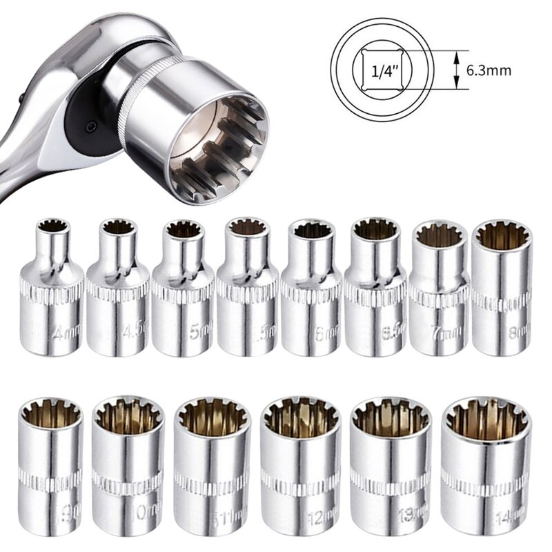 Silver 12 Point Mirror Short Socket Head 1/4 Drive Torx Bit Ratchet Wrench Adapter Ratchet Wrench Adapter Tool     Part