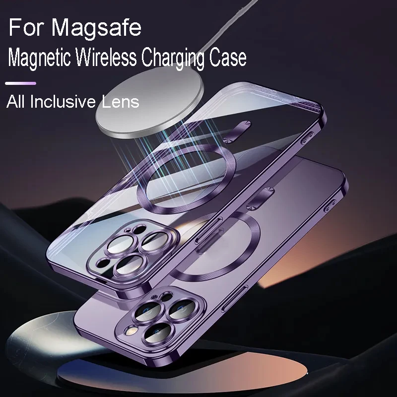 Étui de chargement sans fil magnétique avec protecteur d'objectif, étui souple, placage à la mode, Magsafe pour iPhone 15, 14 Plus, 13, 12, 11 Pro Max