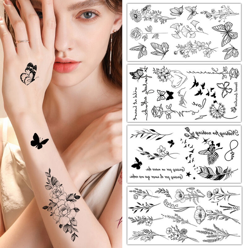 Tatuajes temporales de flores negras para mujer, tatuajes temporales de mariposa, manos, brazo, cuerpo, Sexy, impermeable, arte corporal
