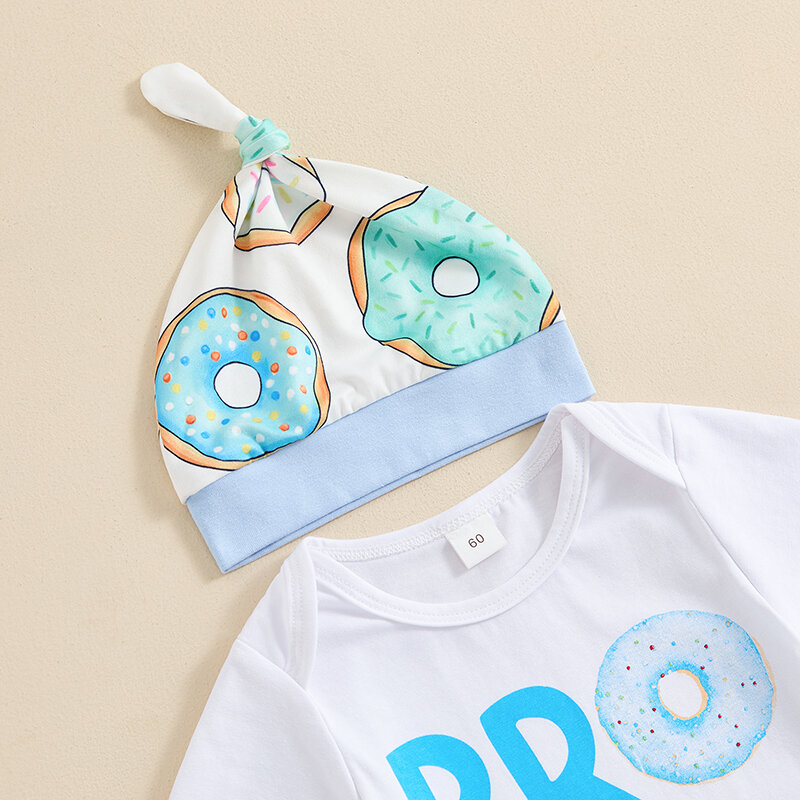 2024-04-03 lioraitiin Baby Boy Birthday Outfit Letter Print Short Sleeves Romper and Donut Print Pants Beanies Hat Set Clothes
