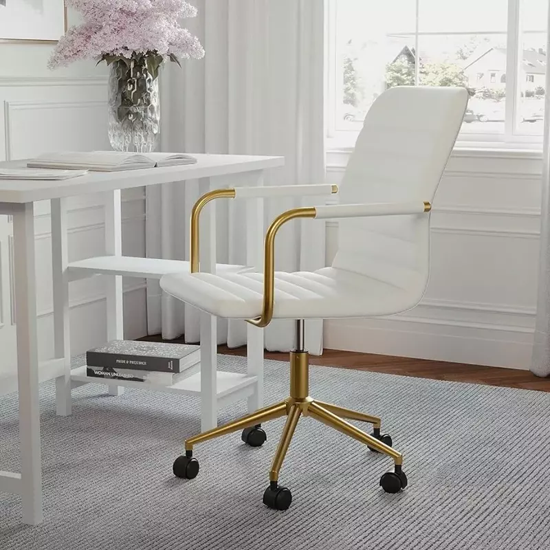 Офисное кресло с поворотными подлокотниками, подходит для дома и офиса, белая искусственная кожа, полированная латунная рама