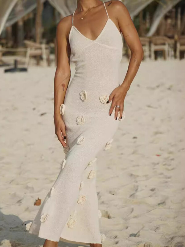 Damska biała elegancka sukienka Maxi z dekoltem w szpic bez rękawów wąskie sukienki damska elegancka do klubu na imprezę szata 2024 nowość