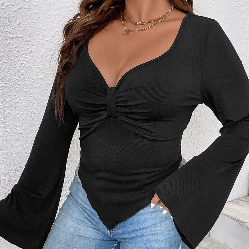 Plus Size Women Elegant Tops Irregular Hem Flared Sleeve Knit T-shirt 2023 Autumn Winter New Fashion Casual Solid Color Pullover