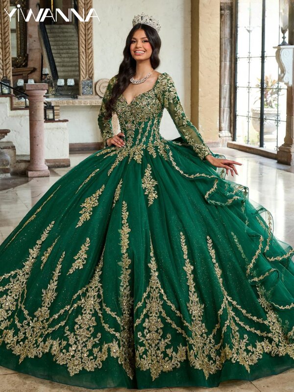 Shinny cekiny złote aplikacje Quinceanrra suknie balowe odpinany rękaw księżniczka długa luksusowa zielona słodka sukienka 16 Vestidos