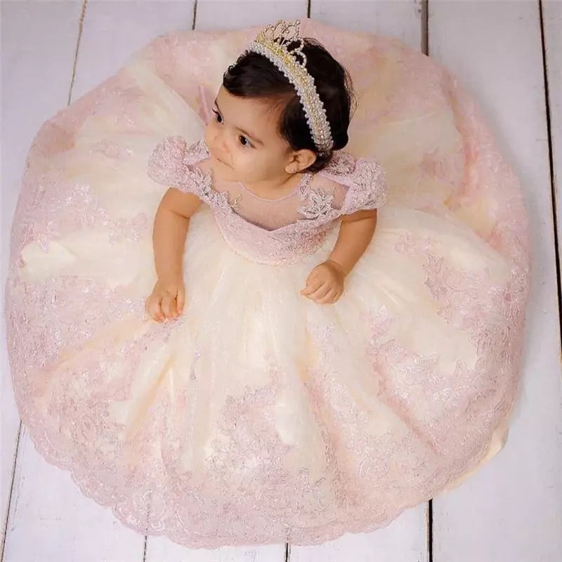 Vestido rosa bonito da flor do laço para o bebê, vestido de aniversário da criança, roupa infantil, casamento, festa de aniversário, vestido de manga curta