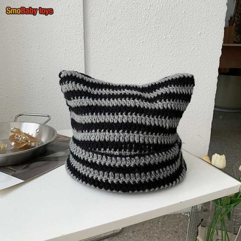KPOP Stray Kids Woolen Hat Felix Same Style Striped Knitted Cap Cute Cat Ear Design Couple Hat For Men Women Gifts