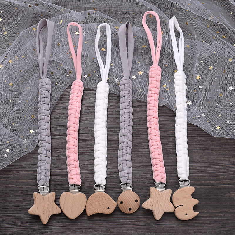 Simple Crochet Cotton Cloth Baby Pacifier Chain Moon Heart Beech Wood Clip For Handmade Baby Nipple Soother Chain Teething Toy