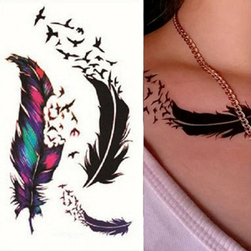 Pegatina de tatuaje temporal impermeable, arte corporal, tatuaje falso de pájaro, viento, Pluma de Goosey, estampado de labios, manga de brazo, W