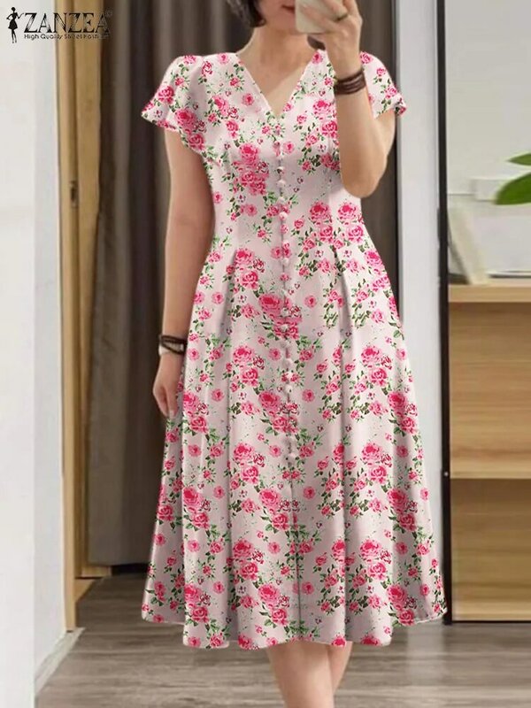 Böhmisch bedrucktes Sommerkleid Sommer elegantes Kleid Zanzea Frauen Mode V-Ausschnitt Kurzarm Party Robe Freizeit arbeit ol Vestidos 2024