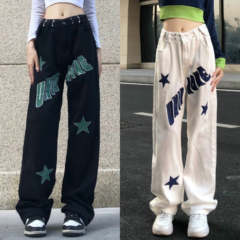 MARM's new American jeans women's y2k star letter high waist shows thin loose flesh cover straight leg wide leg casual trousers