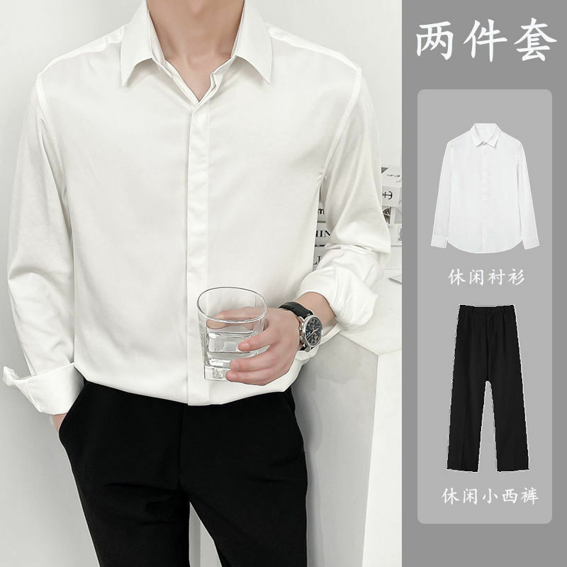 2-A15 Light and mature style INS temperament retro shirt boys yuppie two-piece set drape no-iron long-sleeved shirt casual suit