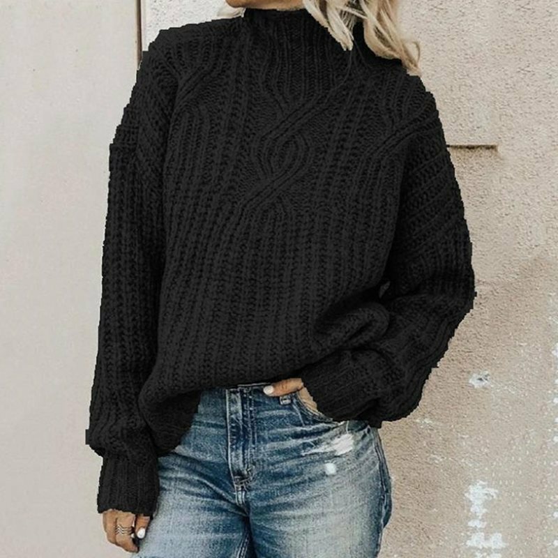 Autumn Winter Women High Neck Sweater Fried Dough Twists Knitting Long Sleeve Pullover Solid Elegant Thick Warm Jumpers Tops