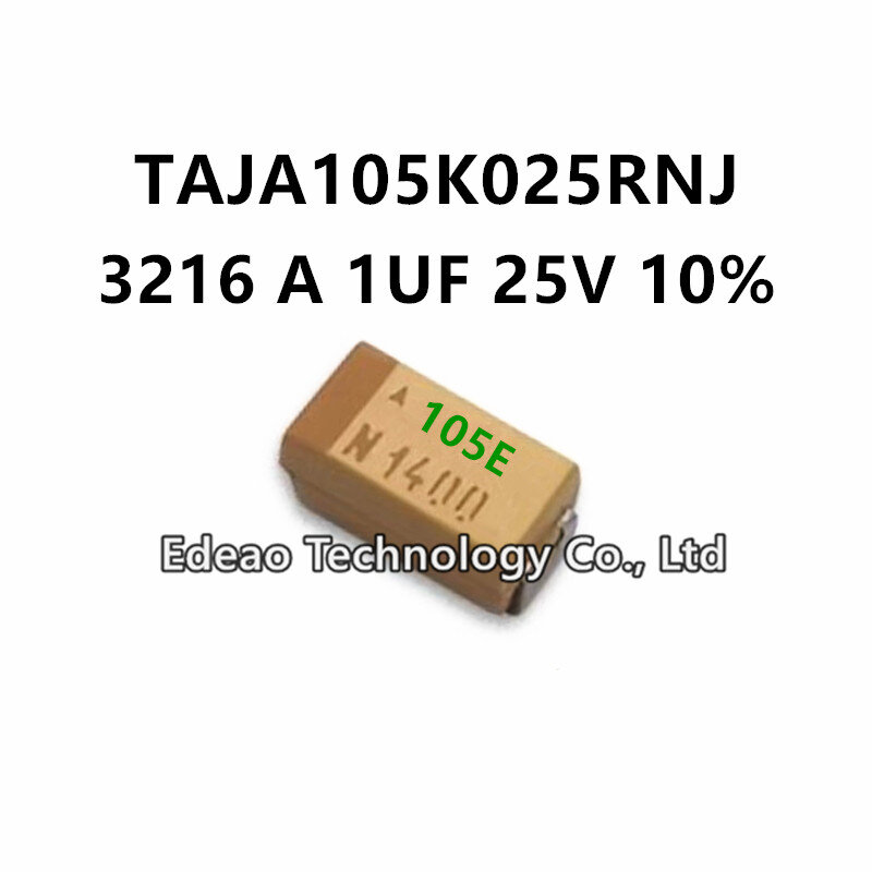 Condensador de tantalio SMD tipo A, 3216A/1206, 1UF, 25V, ± 10%, marcado: 105E, TAJA105K025RNJ, 10 unidades por lote, nuevo