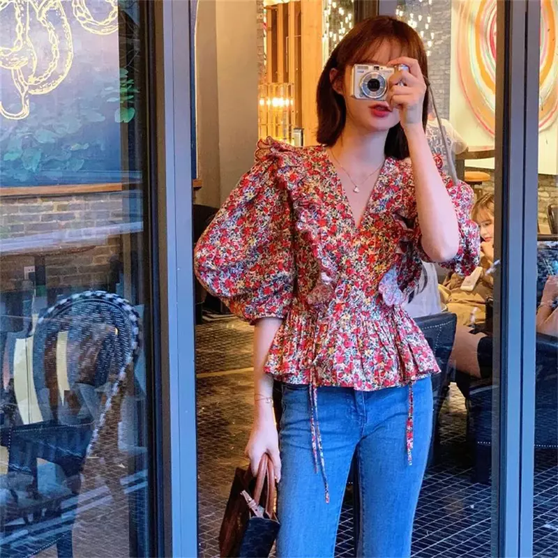 Women Summer Style Blouses Tops Lady Casual Short Puff Sleeve Stand Collar Flower Printed Blusas Tops korean fashion chiffon